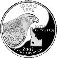 reverse of 1/4 Dollar - Idaho - Washington Quarter; Silver Proof (2007) coin with KM# 398a from United States.