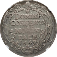 Swiss cantons coin 1 Thaler (1649) reverse reverse of 1 Thaler (1649) coin with KM# 72 from Swiss cantons. Inscription: DOMINE CONSERVA NOS IN PACE 1649