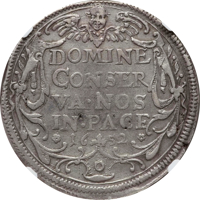 Swiss cantons coin 1 Thaler (1651 - 1652) reverse reverse of 1 Thaler (1651 - 1652) coin with KM# 75 from Swiss cantons. Inscription: DOMINE CONSER VA · NOS IN · PACE 1652