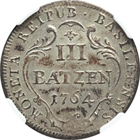 Swiss cantons coin 3 Batzen (1764 - 1765) reverse reverse of 3 Batzen (1764 - 1765) coin with KM# 165 from Swiss cantons. Inscription: MONETA REIPUB · BASILEENSIS III BATZEN 1764