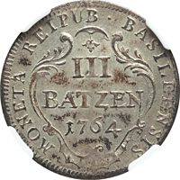 reverse of 3 Batzen (1764 - 1765) coin with KM# 165 from Swiss cantons. Inscription: MONETA REIPUB · BASILEENSIS III BATZEN 1764