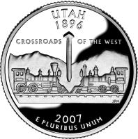 reverse of 1/4 Dollar - Utah - Washington Quarter; Silver Proof (2007) coin with KM# 400a from United States.