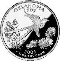 reverse of 1/4 Dollar - Oklahoma - Washington Quarter; Silver Proof (2008) coin with KM# 421a from United States.