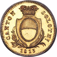 Swiss cantons coin 16 Franken (1813) obverse obverse of 16 Franken (1813) coin with KM# 75 from Swiss cantons. Inscription: CANTON SOLOTH.N 1813