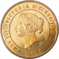 obverse of 2 Dollars - Victoria (1865) coin with KM# Pn15 from Canada. Inscription: VICTORIA D: G: REG: NEWFOUNDLAND