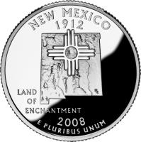 United States coin 1/4 Dollar - New Mexico - Washington Quarter; Silver Proof (2008) reverse reverse of 1/4 Dollar - New Mexico - Washington Quarter; Silver Proof (2008) coin with KM# 422a from United States. Inscription: NEW MEXICO 1912 LAND OF ENCHANTMENT 2008 E PLURIBUS UNUM