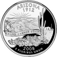 United States coin 1/4 Dollar - Arizona - Washington Quarter; Silver Proof (2008) reverse reverse of 1/4 Dollar - Arizona - Washington Quarter; Silver Proof (2008) coin with KM# 423a from United States. Inscription: ARIZONA 1912 GRAND CANYON STATE JFM 2008 E PLURIBUS UNUM