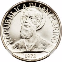 obverse of 1 Lira (1972) coin from San Marino. Inscription: REPUBBLICA DI SAN MARINO MONASSI 1972