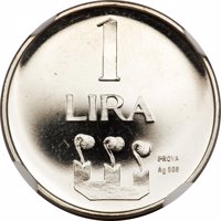 reverse of 1 Lira (1972) coin from San Marino. Inscription: 1 LIRA PROVA Ag 986