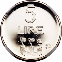 San Marino coin 5 Lira (1972) reverse reverse of 5 Lira (1972) coin from San Marino. Inscription: 5 LIRE PROVA AG 986