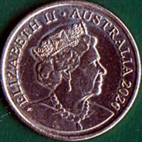 obverse of 5 Cents - Elizabeth II - 6'th Portrait (2019 - 2021) coin from Australia. Inscription: ELIZABETH II AUSTRALIA 2020 JC