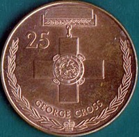 reverse of 25 Cents - Elizabeth II - Legends of the Anzacs: George Cross - 4'th Portrait (2017) coin from Australia. Inscription: 25 FOR GALLANTRY GEORGE CROSS