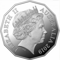 Australia coin 50 Cents - Elizabeth II - International Year of Indigenous Languages - 4'th Portrait (2019) obverse obverse of 50 Cents - Elizabeth II - International Year of Indigenous Languages - 4'th Portrait (2019) coin from Australia. Inscription: ELIZABETH II AUSTRALIA 2019 IRB