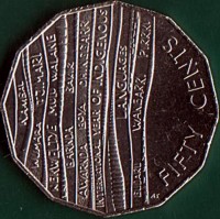 reverse of 50 Cents - Elizabeth II - International Year of Indigenous Languages - 4'th Portrait (2019) coin from Australia. Inscription: NAMBAL WUMARA TJIMARI NGKWELTYE MULU WALANG BARNDA BAKIR AWARNDA BOYA DHINGGARR INTERNATIONAL YEAR OF INDIGENOUS LANGU