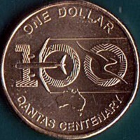 reverse of 1 Dollar - Elizabeth II - Centenary of QANTAS - 6'th Portrait (2020) coin from Australia. Inscription: ONE DOLLAR 100 QANTAS CENTENARY