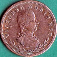 obverse of 1/2 Penny - George III (1811 - 1813) coin from Canadian provinces. Inscription: VICTORIA NOBIS EST