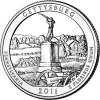 United States coin 1/4 Dollar - Gettysburg National Military Park - Washington Quarter (2011) reverse reverse of 1/4 Dollar - Gettysburg National Military Park - Washington Quarter (2011) coin with KM# 494 from United States. Inscription: GETTYSBURG PENNSYLVANIA 2011 E PLURIBUS UNUM