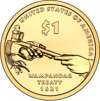 United States coin 1 Dollar - Wampanoag Treaty (2011) reverse reverse of 1 Dollar - Wampanoag Treaty (2011) coin with KM# 503 from United States. Inscription: UNITED STATES OF AMERICA $1 WAMPANOAG TREATY 1621