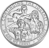 obverse of 1 Dollar - Boy Scouts of America (2010) coin with KM# 480 from United States. Inscription: CONTINUING THE JOURNEY, 1910, 2010, IN GOD WE TRUST and LIBERTY