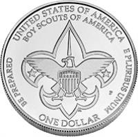 United States coin 1 Dollar - Boy Scouts of America (2010) reverse reverse of 1 Dollar - Boy Scouts of America (2010) coin with KM# 480 from United States. Inscription: UNITED STATES OF AMERICA, BOY SCOUTS OF AMERICA, BE PREPARED, E PLURIBUS UNUM and ONE DOLLAR.