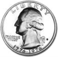 obverse of 1/4 Dollar - 200th Anniversary of the The United States Declaration of Independence, 1776-1976 - Washington Bicentennial Quarter; Silver Proof (1976) coin with KM# 204a from United States. Inscription: LIBERTY IN GOD WE TRUST 1776-1976