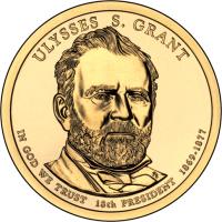 obverse of 1 Dollar - Ulysses S. Grant (2011) coin with KM# 500 from United States. Inscription: ULYSSES S. GRANT IN GOD WE TRUST 18th PRESIDENT 1869-1877