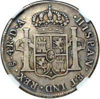 reverse of 4 Reales - Carlos III (1775 - 1789) coin with KM# 34 from Chile. Inscription: HISPAN ET IND REX So 4R DA