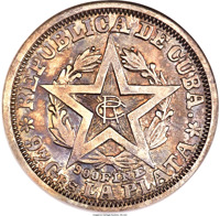 Cuba coin 20 Centavos (1898) obverse obverse of 20 Centavos (1898) coin with KM# Pn9 from Cuba. Inscription: REPUBLICA DE CUBA. RC 900 FINE * 97 Grs LA PLATA *