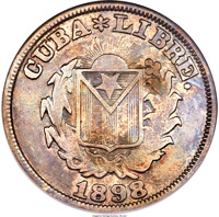 reverse of 20 Centavos (1898) coin with KM# Pn9 from Cuba. Inscription: CUBA * LIBRE. 1898