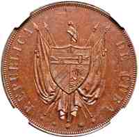 obverse of 1 Peso (1870) coin with KM# Pn5a from Cuba. Inscription: REPUBLICA DE CUBA * * * * *