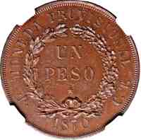 reverse of 1 Peso (1870) coin with KM# Pn5a from Cuba. Inscription: MONEDA PROVISIONAL UN PESO • P • C. T. 1870