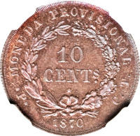 Cuba coin 10 Centavos (1870) reverse reverse of 10 Centavos (1870) coin with KM# Pn2a from Cuba. Inscription: MONEDA PROVISIONAL 10 CENTS. • P • C. T. 1870