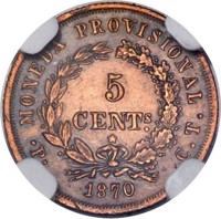 Cuba coin 5 Centavos (1870) reverse reverse of 5 Centavos (1870) coin with KM# Pn1a from Cuba. Inscription: MONEDA PROVISIONAL 5 CENT. • P • C. T. 1870
