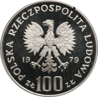 Poland coin 100 Złotych - Ludwik Zamenhof (1979) obverse obverse of 100 Złotych - Ludwik Zamenhof (1979) coin with KM# Pr361 from Poland. Inscription: POLSKA RZECZPOSPOLITA LUDOWA 19 79 mw ZŁ 100 ZŁ