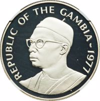 obverse of 20 Dalasis - Wildlife Conservation (1977) coin with KM# 17a from Gambia. Inscription: REPUBLIC OF THE GAMBIA - 1977
