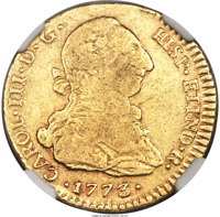 obverse of 2 Escudos - Carlos III (1773 - 1789) coin with KM# 32 from Chile. Inscription: CAROL III D G HISP ETIND R 1773