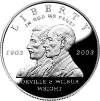 United States coin 1 Dollar - First Flight Centennial (2003) obverse obverse of 1 Dollar - First Flight Centennial (2003) coin with KM# 349 from United States. Inscription: LIBERTY IN GOD WE TRUST 1903 2003 TJF ORVILLE & WILBUR WRIGHT
