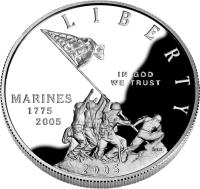 United States coin 1 Dollar - Marine Corps 230th Anniversary (2005) obverse obverse of 1 Dollar - Marine Corps 230th Anniversary (2005) coin with KM# 376 from United States. Inscription: L I B E R T Y IN GOD WE TRUST MARINES 1775 2005 NEM 2005