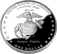 United States coin 1 Dollar - Marine Corps 230th Anniversary (2005) reverse reverse of 1 Dollar - Marine Corps 230th Anniversary (2005) coin with KM# 376 from United States. Inscription: UNITED STATES OF AMERICA E PLURIBUS UNUM CLV Semper Fidelis P ONE DOLLAR