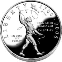 United States coin 1 Dollar - Benjamin Franklin, Scientist (2006) obverse obverse of 1 Dollar - Benjamin Franklin, Scientist (2006) coin with KM# 387 from United States. Inscription: LIBERTY 1706 - 2006 BENJAMIN FRANKLIN SCIENTIST IN GOD WE TRUST P NEN