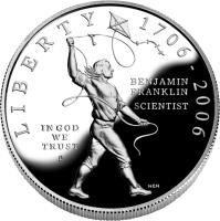 obverse of 1 Dollar - Benjamin Franklin, Scientist (2006) coin with KM# 387 from United States. Inscription: LIBERTY	1706 - 2006 BENJAMIN FRANKLIN SCIENTIST IN GOD WE TRUST P NEN