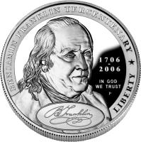 obverse of 1 Dollar - Benjamin Franklin, Founding Father (2006) coin with KM# 388 from United States. Inscription: BENJAMIN FRANKLIN TERCENTENARY 1706 - 2006 IN GOD WE TRUST P LIBERTY * DE