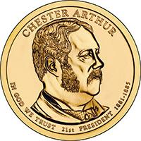 United States coin 1 Dollar - Chester Arthur (2012) obverse obverse of 1 Dollar - Chester Arthur (2012) coin with KM# 524 from United States. Inscription: CHESTER ARTHUR IN GOD WE TRUST 21st PRESIDENT 1881-1885