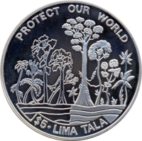 Tokelau coin 5 Tala - Elizabeth II - Protect Our World (1994) reverse reverse of 5 Tala - Elizabeth II - Protect Our World (1994) coin with KM# 21 from Tokelau. Inscription: PROTECT OUR WORLD $5 · LIMA TALA
