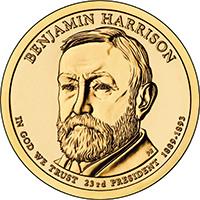 obverse of 1 Dollar - Benjamin Harrison (2012) coin with KM# 526 from United States. Inscription: BENJAMIN HARRISON IN GOD WE TRUST 23RD PRESIDENT 1889 - 1893
