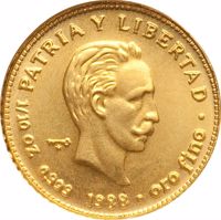 Cuba coin 10 Pesos - José Martí (1988 - 1990) obverse obverse of 10 Pesos - José Martí (1988 - 1990) coin with KM# 211 from Cuba. Inscription: PATRIA Y LIBERTAD 1/10 OZ 0.999 1988 · oro fino ·