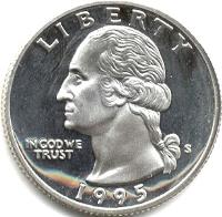 obverse of 1/4 Dollar - Washington Quarter; Silver Proof (1992 - 1998) coin with KM# 164b from United States. Inscription: LIBERTY IN GOD WE TRUST