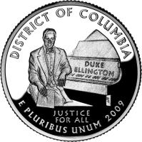 United States coin 1/4 Dollar - District of Columbia - Washington Quarter; Silver Proof (2009) reverse reverse of 1/4 Dollar - District of Columbia - Washington Quarter; Silver Proof (2009) coin with KM# 445a from United States. Inscription: DISTRICT OF COLUMBIA DUKE ELLINGTON JUSTICE FOR ALL