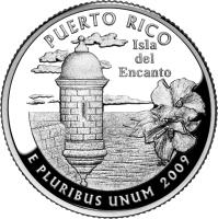 United States coin 1/4 Dollar - Puerto Rico - Washington Quarter; Silver Proof (2009) reverse reverse of 1/4 Dollar - Puerto Rico - Washington Quarter; Silver Proof (2009) coin with KM# 446a from United States. Inscription: PUERTO RICO Isla del Encanto E PLURIBUS UNUM