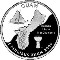 United States coin 1/4 Dollar - Guam - Washington Quarter; Silver Proof (2009) reverse reverse of 1/4 Dollar - Guam - Washington Quarter; Silver Proof (2009) coin with KM# 447a from United States. Inscription: GUAM Guahan I Tanó ManChamorro E PLURIBUS UNUM